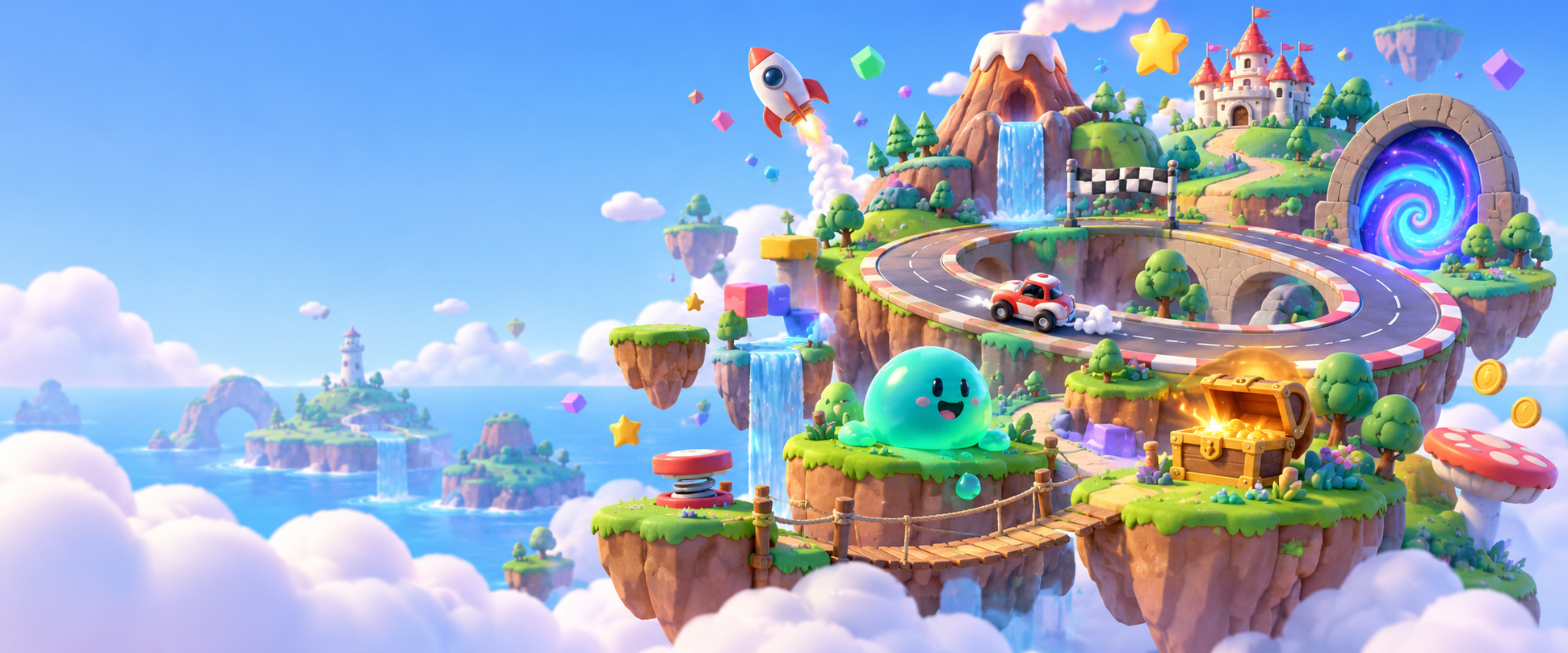 Un monde de jeu cartoon avec îles flottantes, circuit, fusée et créature gélatineuse